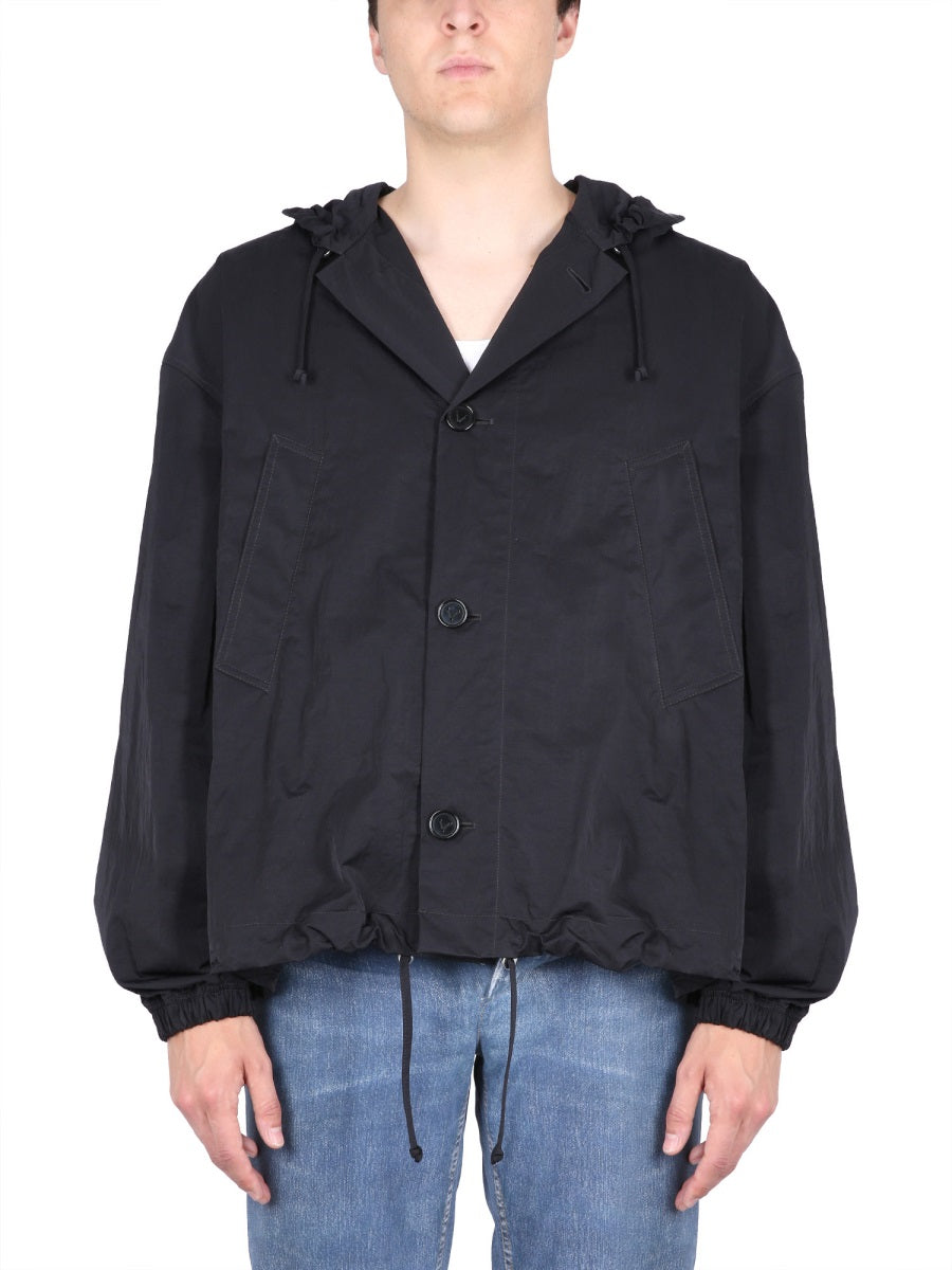 Minimalistic Jacket with Adjustable Hood and Pouch Pocket