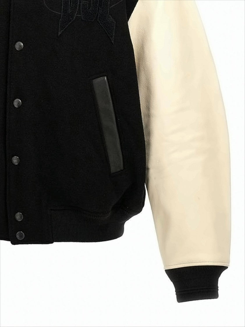 Varsity-Style Black Wool Bomber Jacket