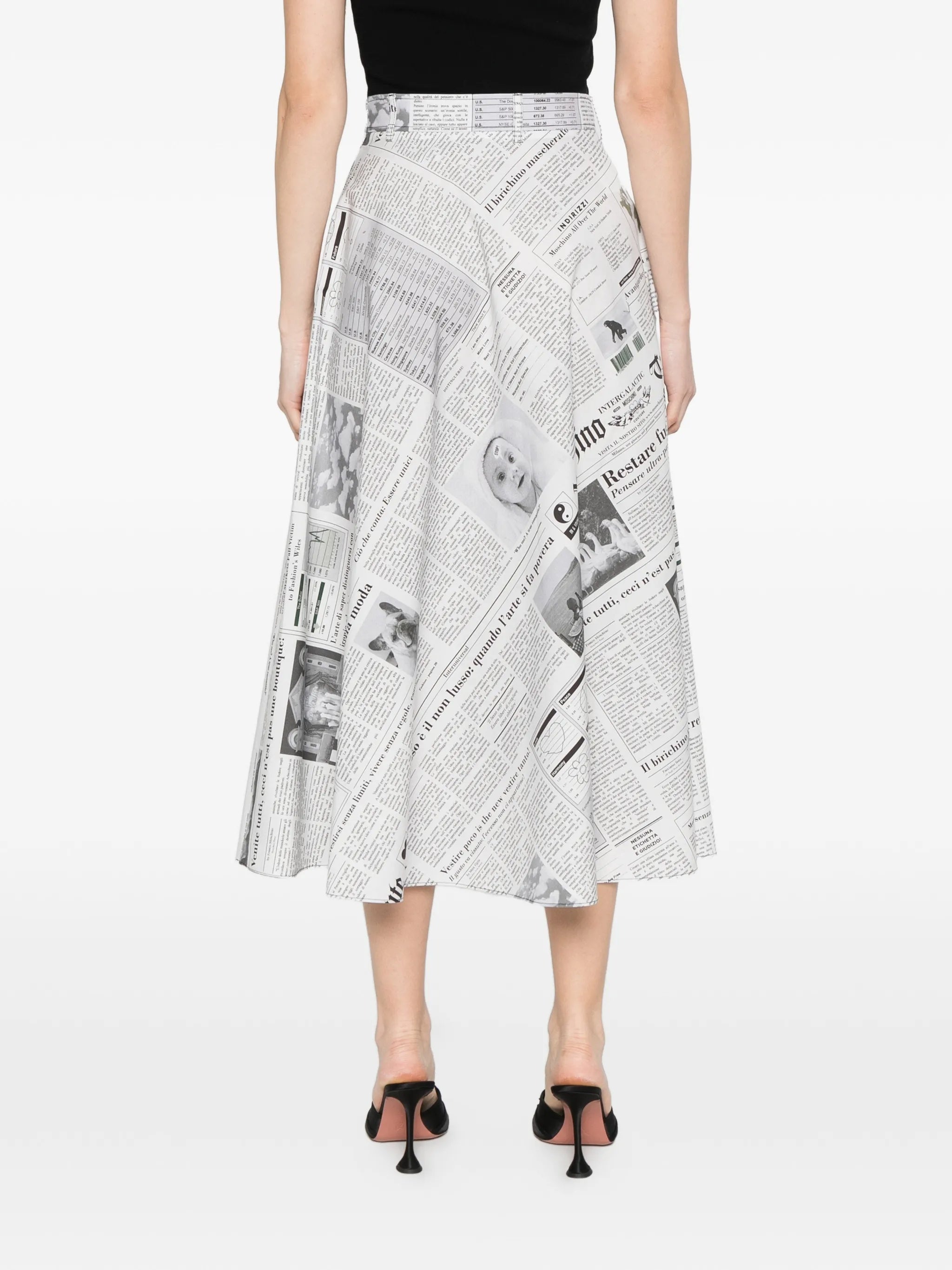 Midi Skirt with High Waist and Newspaper Print