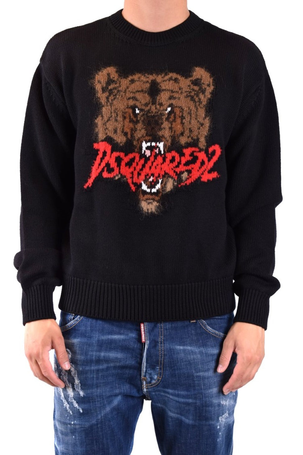 Black Knitwear With Bear Graphic And Relaxed Fit