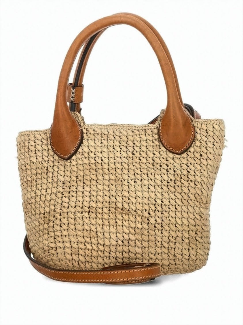 Woven Raffia Tote Bag with Leather Accents