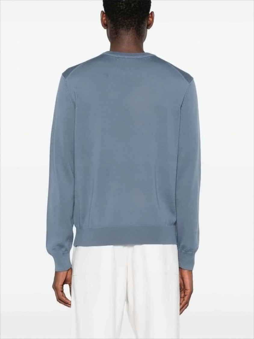 Muted Blue Fine Wool Sweater With Embroidered Fox Emblem