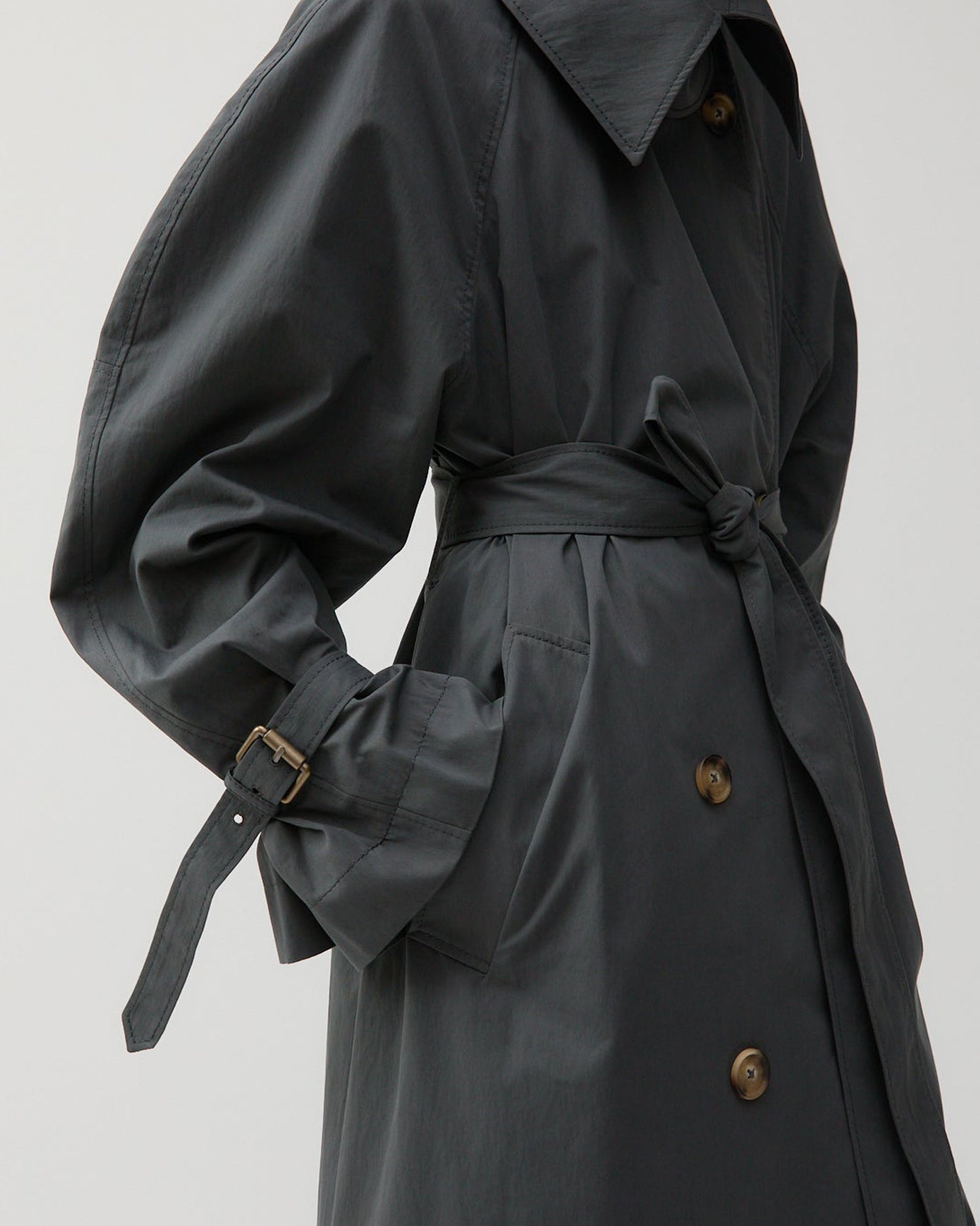Double-Breasted Black Trench Coat with Wide Collar