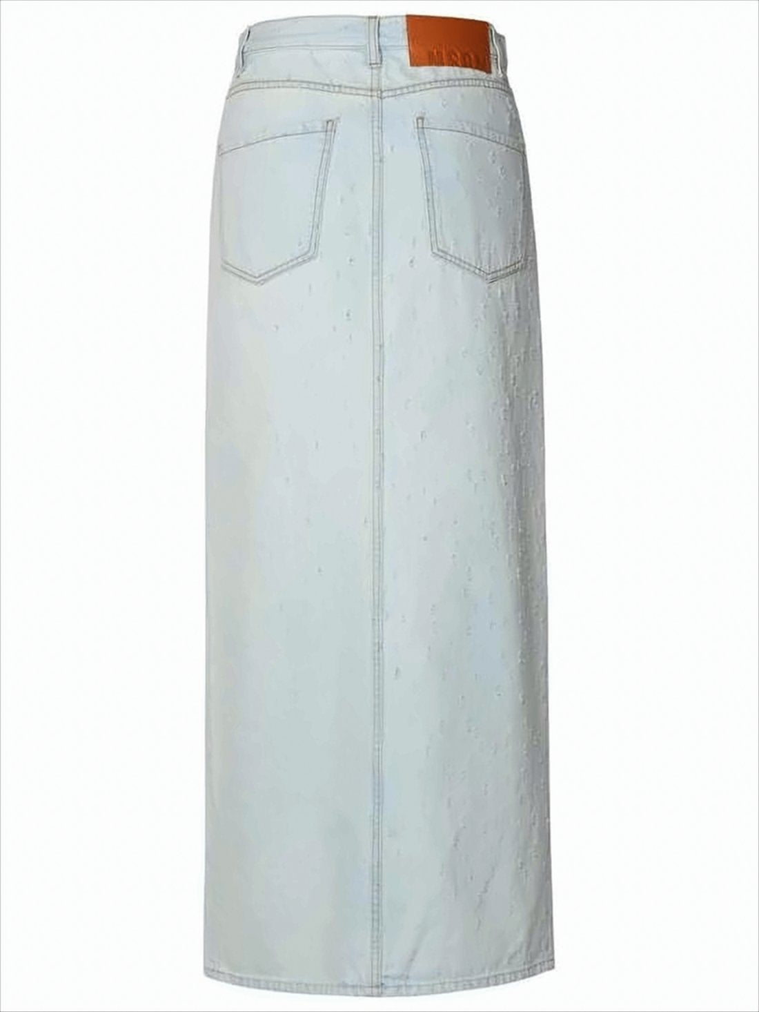 Asymmetrical Blue Denim Midi Skirt with Textured Dots and Five-Pocket Design