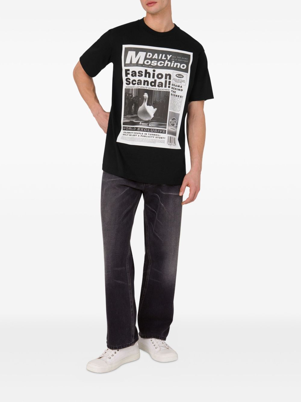 Newspaper-Style Graphic Black T-Shirt