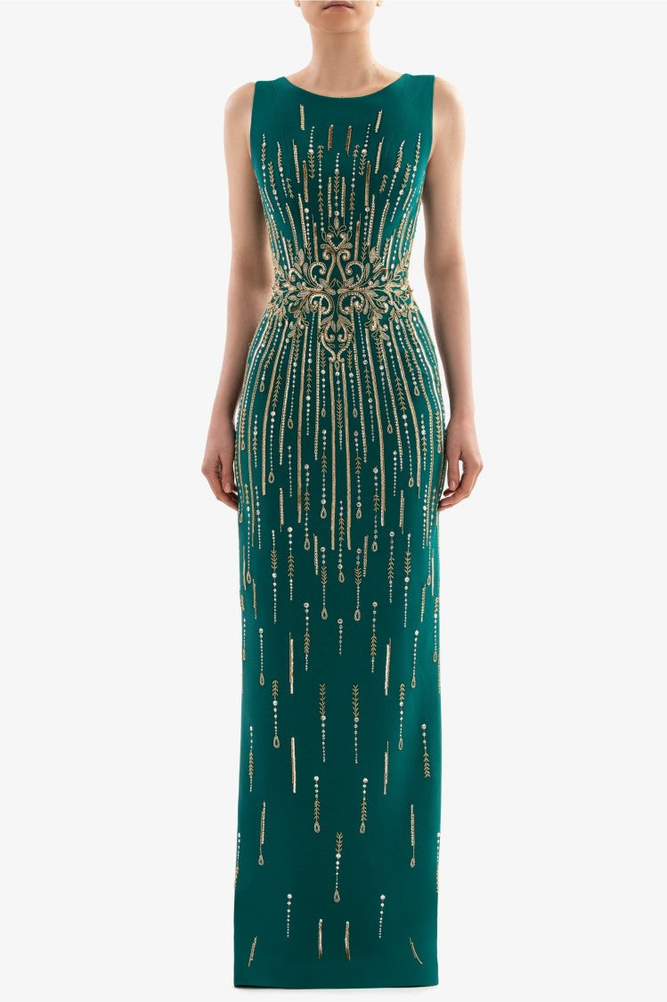 Long Crepe Beaded Dress