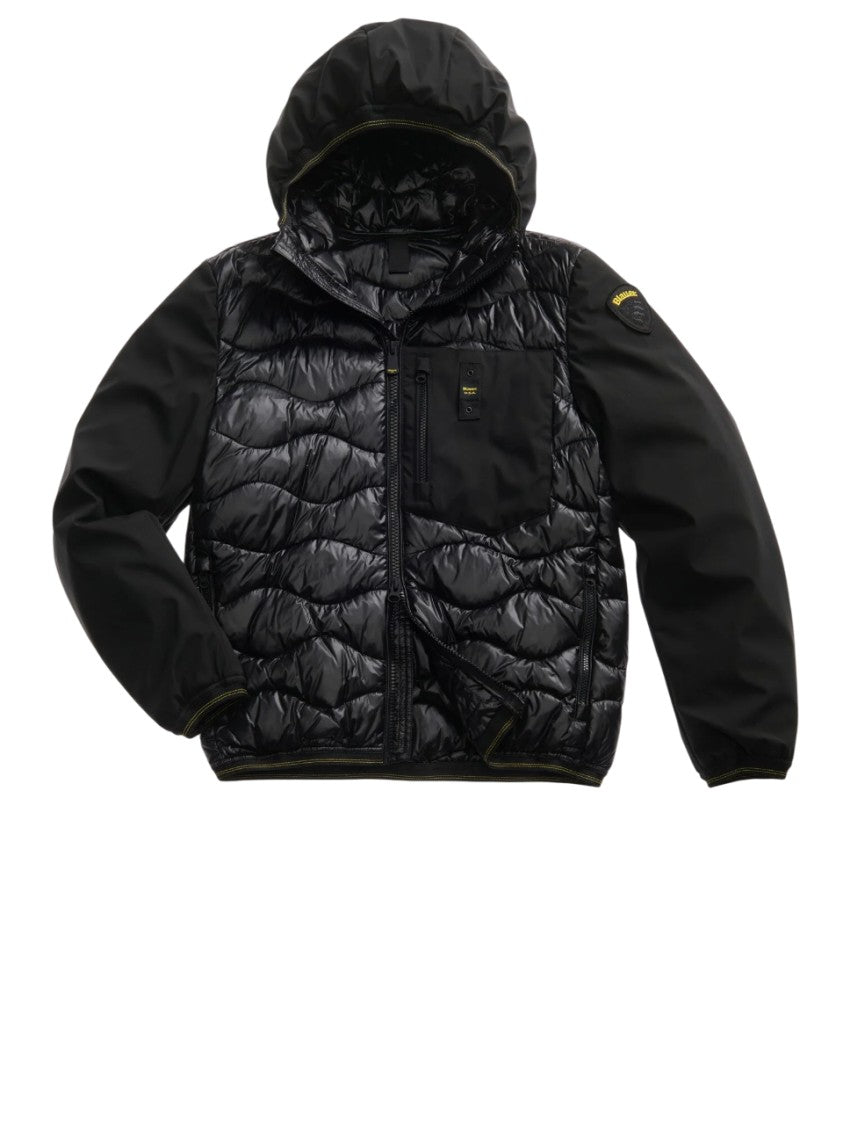Black Quilted Insulated Coat with Neoprene Sleeves