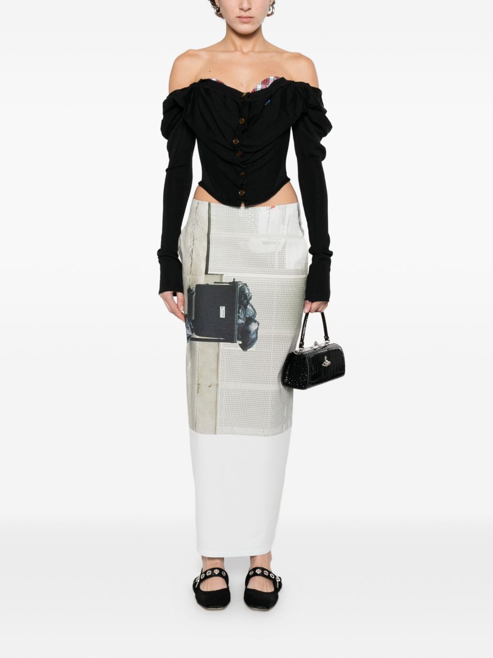 Black Ruched Orb Logo Square Neck Top