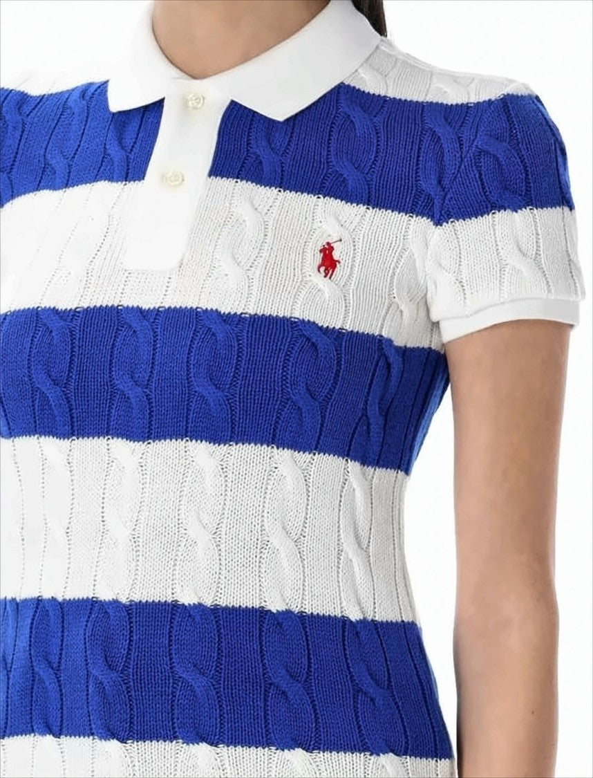 Short-Sleeved Knit Top With Polo Collar And Cable Knit Texture