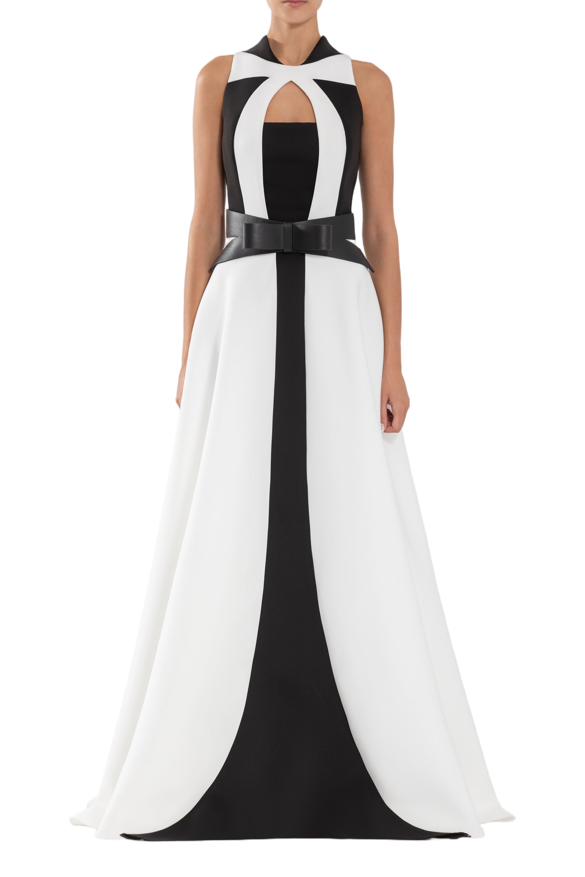Neoprene Dress With Geometric Cutouts And Bow Belt