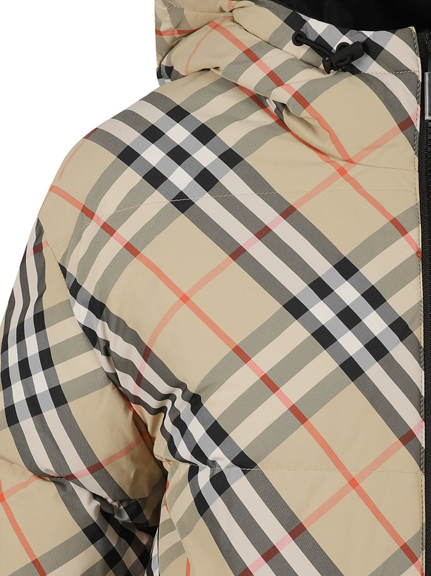Puffy Check Pattern Coat With Hood