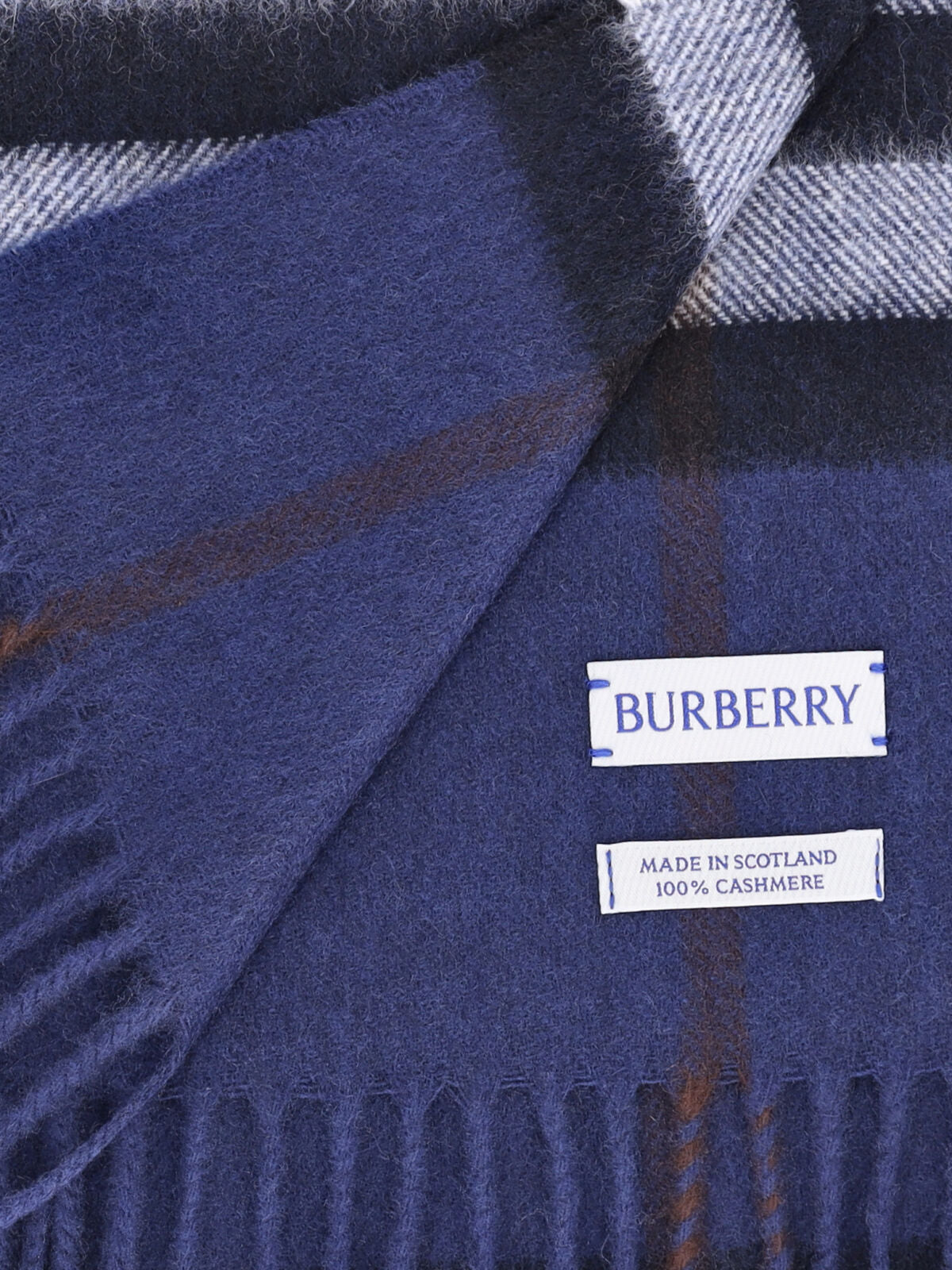 "Check" Scarf In Blue Cashmere, Dark Shade