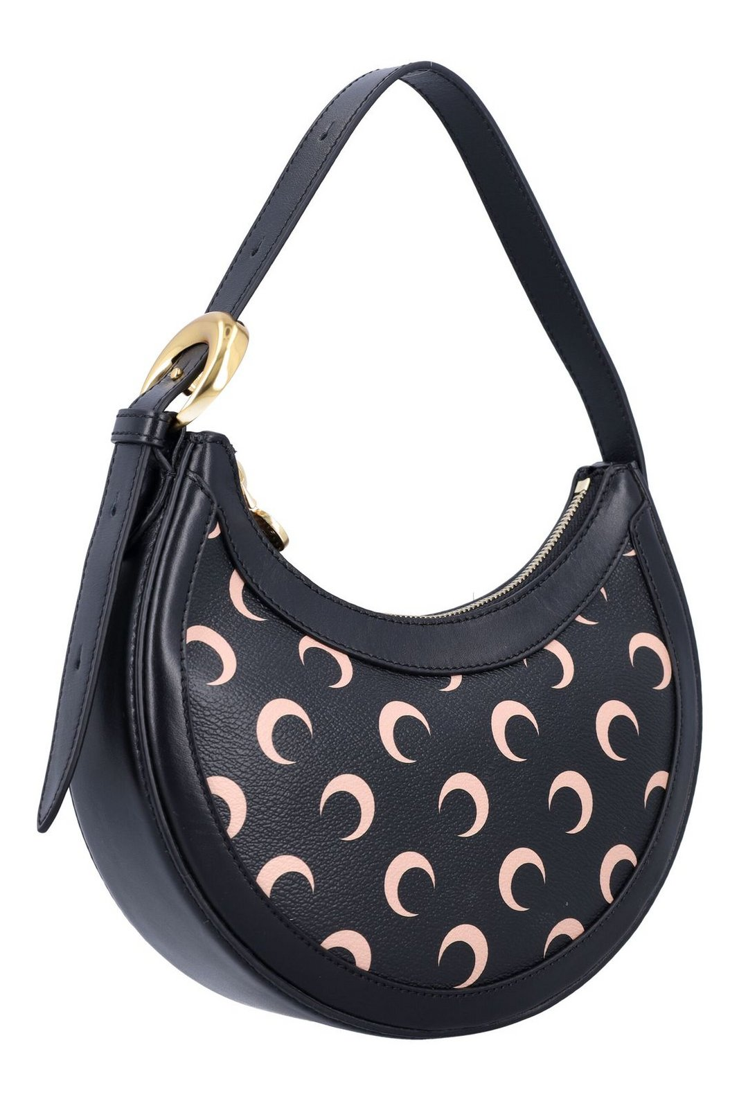 Crescent-Shaped Black Leather Shoulder Bag
