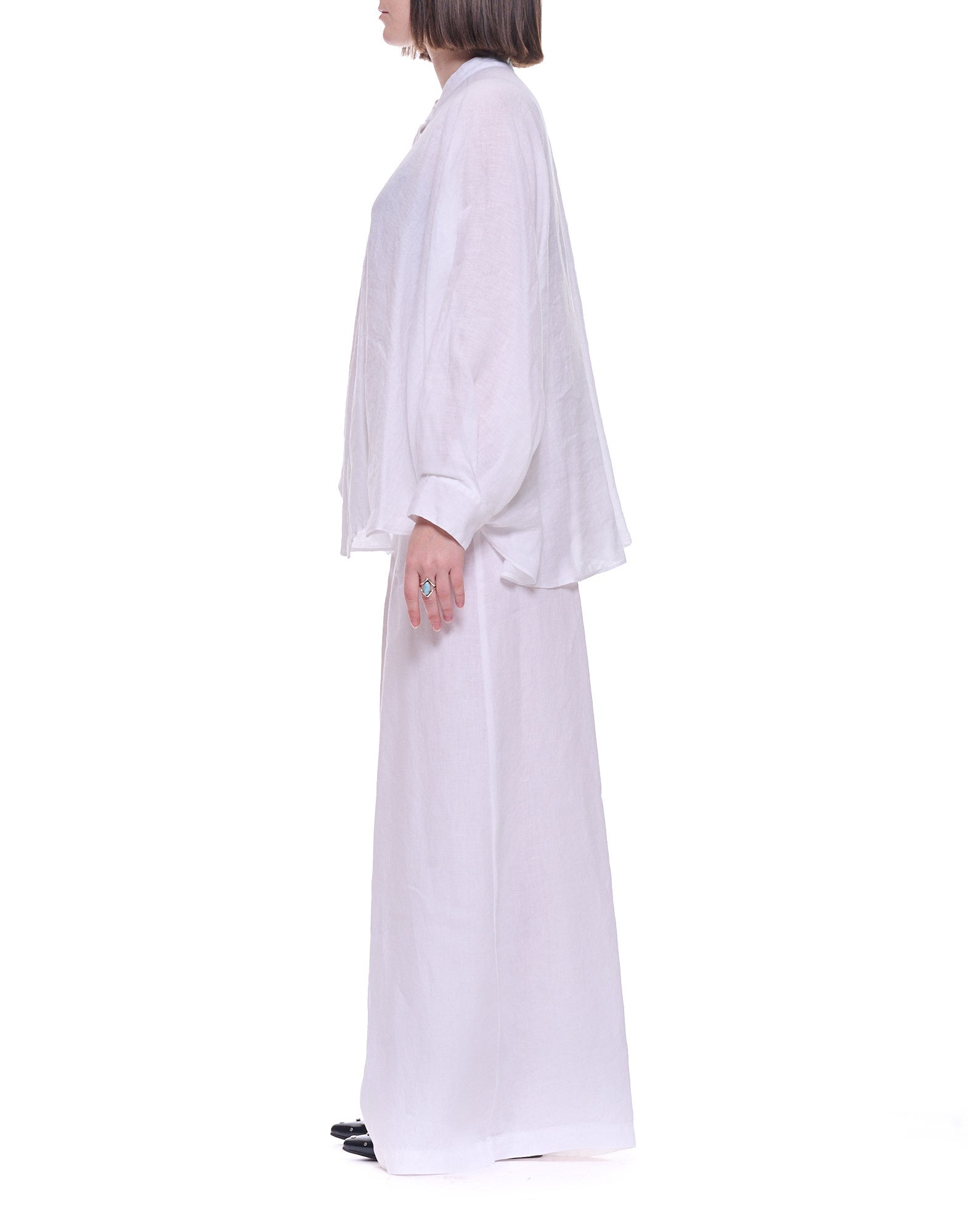 White Batwing Sleeve Linen Button Shirt