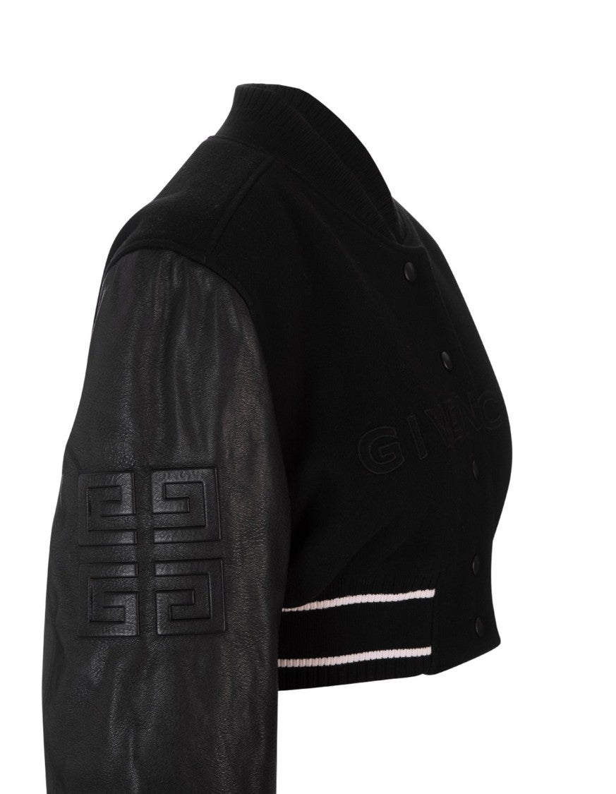 Cropped Wool and Leather Jacket with Sporty Design