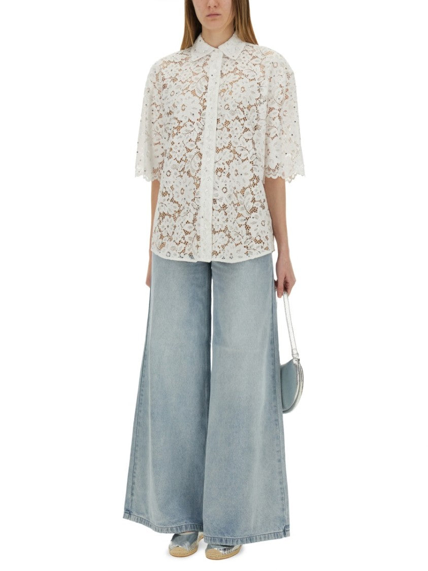 White Lace Shirt With Delicate Floral Pattern