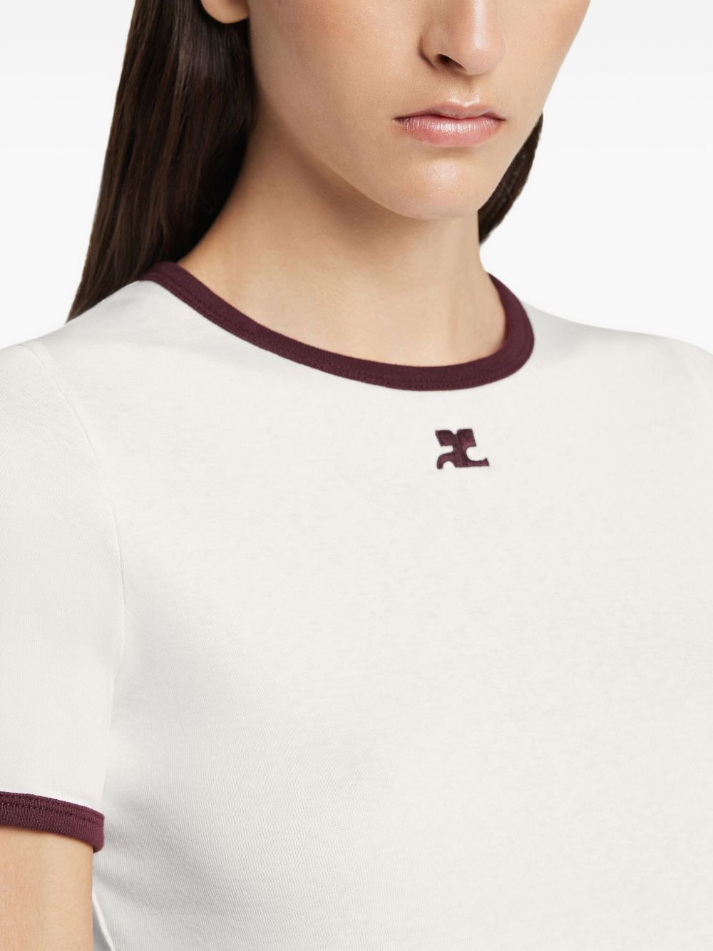 White Cotton Crew-Neck Top With Red Trim