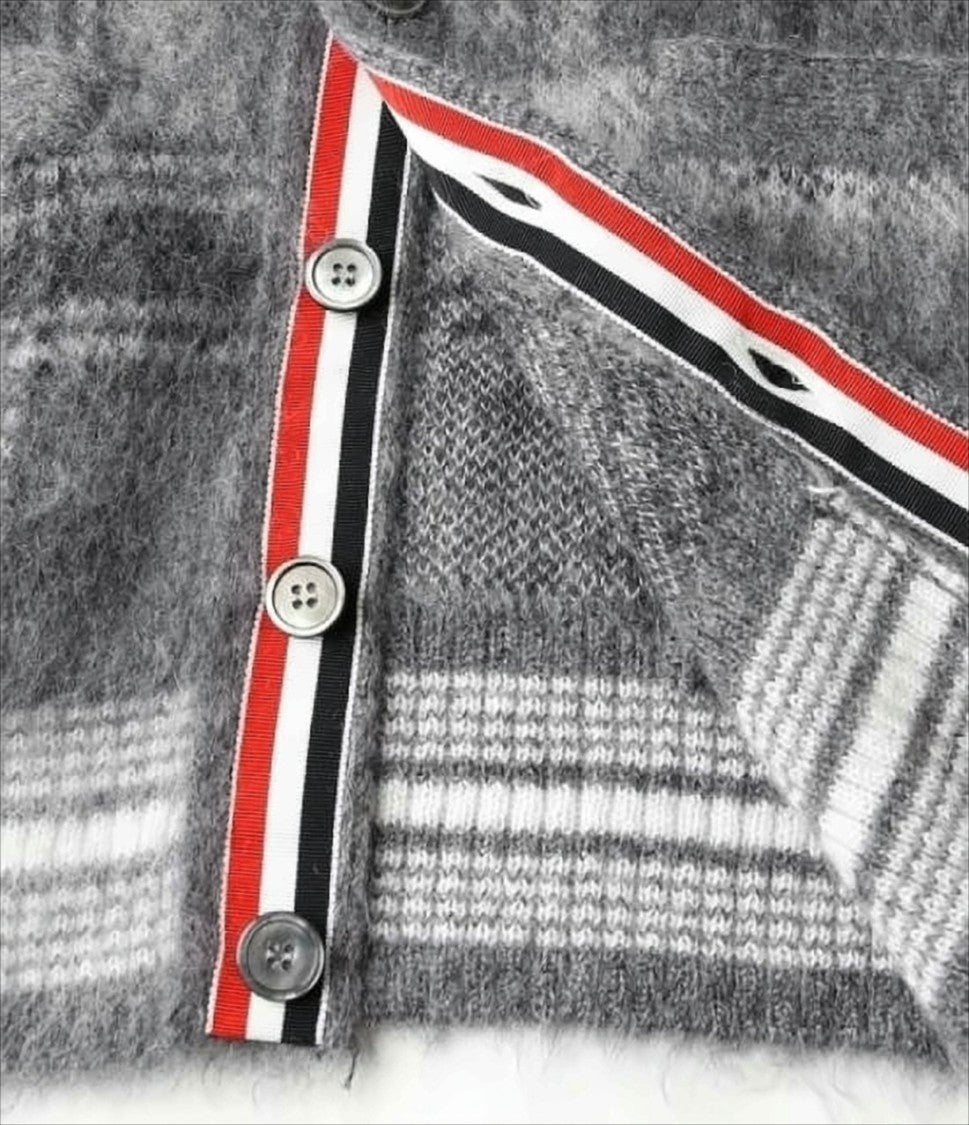 Plaid Textured Knit Cardigan with Contrasting Striped Details
