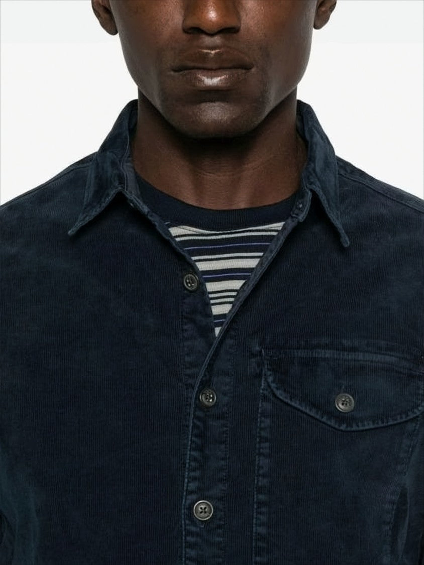 Navy Corduroy Jacket With Button-Up Front And Unique Lens Detail