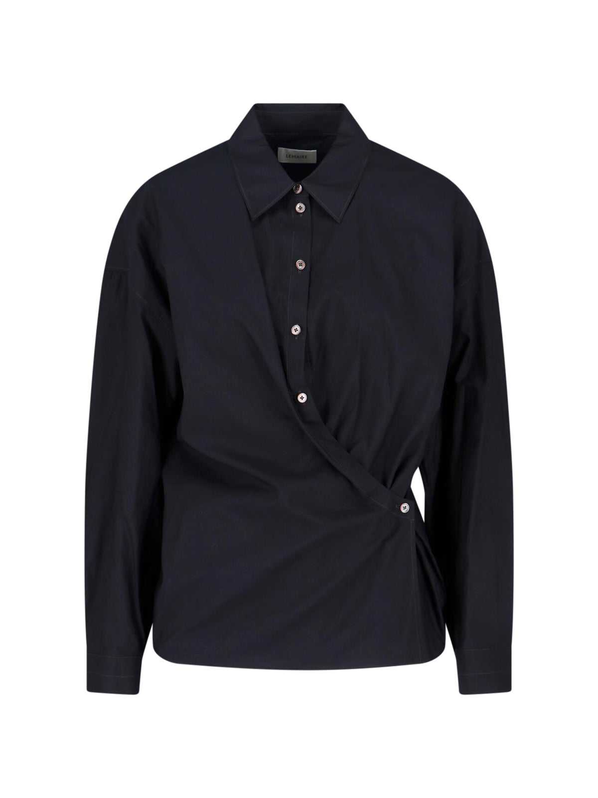 Black Draped Cotton Silk Wrap Shirt