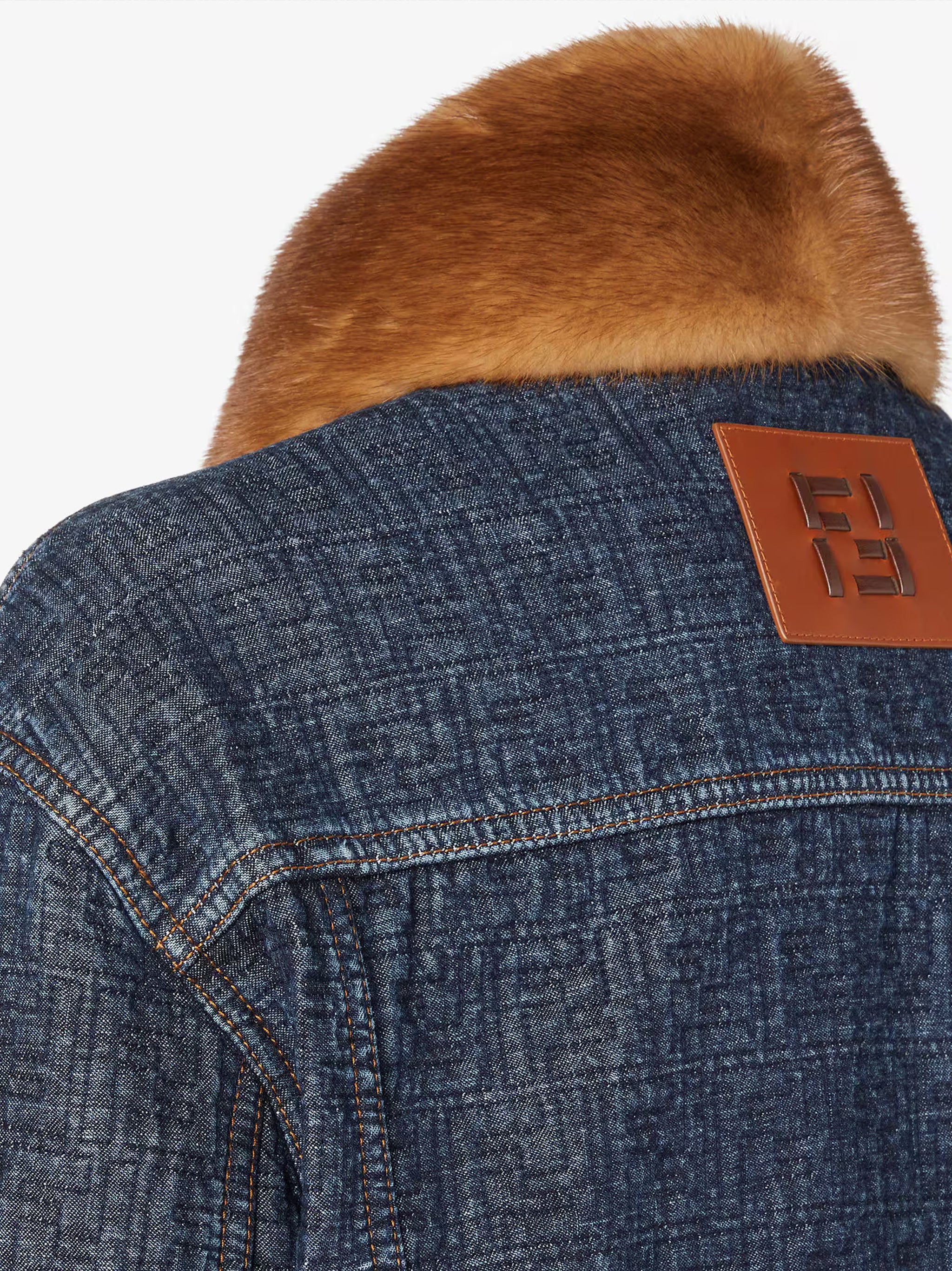 Padded Denim Jacket with Textured Fabric and Fur Collar