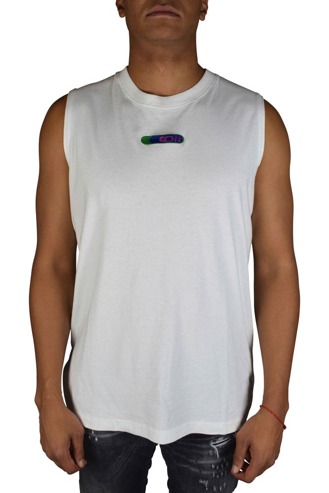 White Sleeveless Tank Top With Multicolor Embroidery