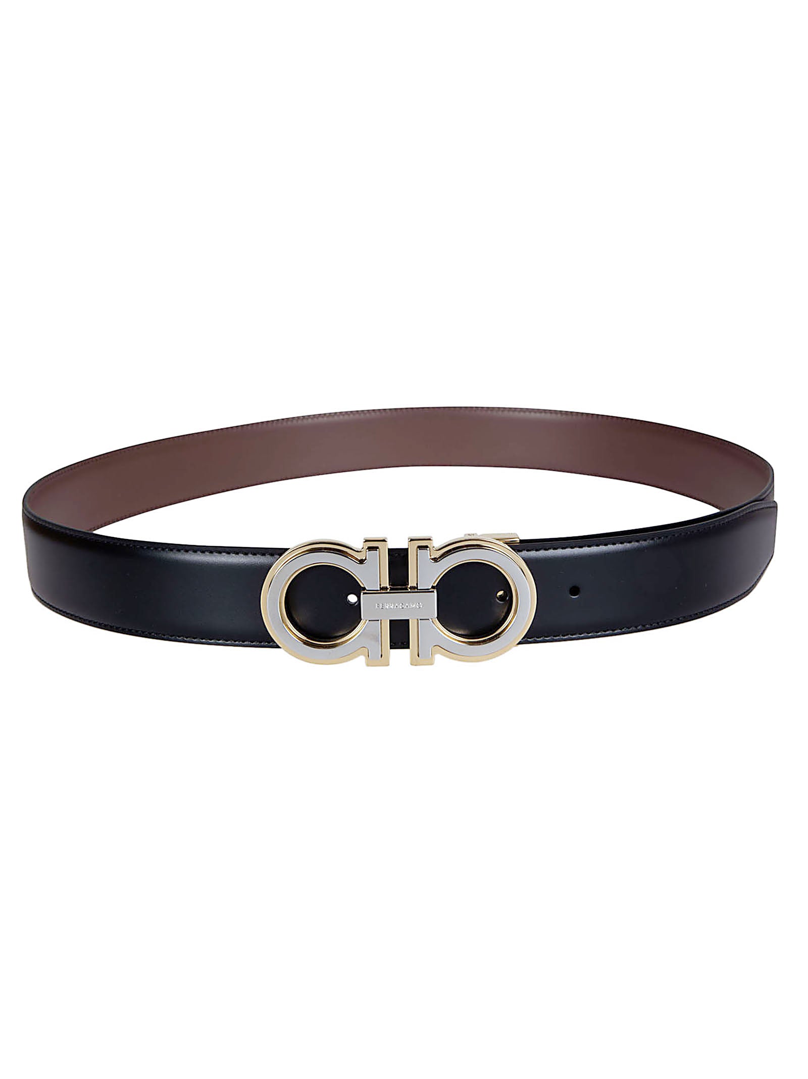 Leather Belt with Polished Gold Gancini Buckle