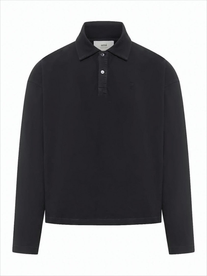 Cropped Long-Sleeved Polo Shirt With Classic Collar And Tonal Embroidery