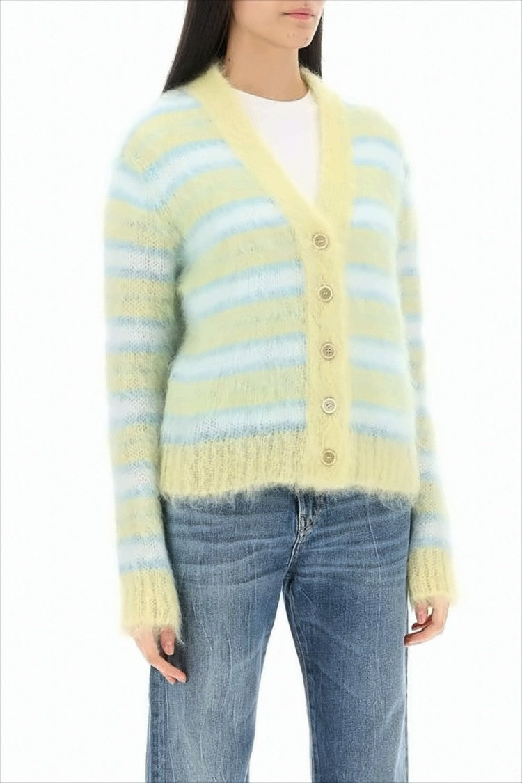 Textured Mohair Blend Cardigan with Horizontal Stripes