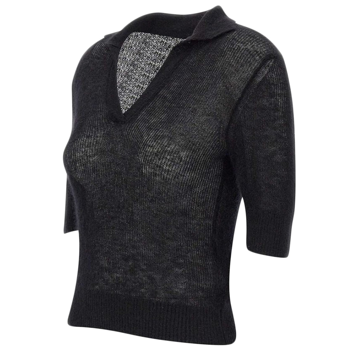 Semi-Sheer Knit Sweater with Deep V-Neckline