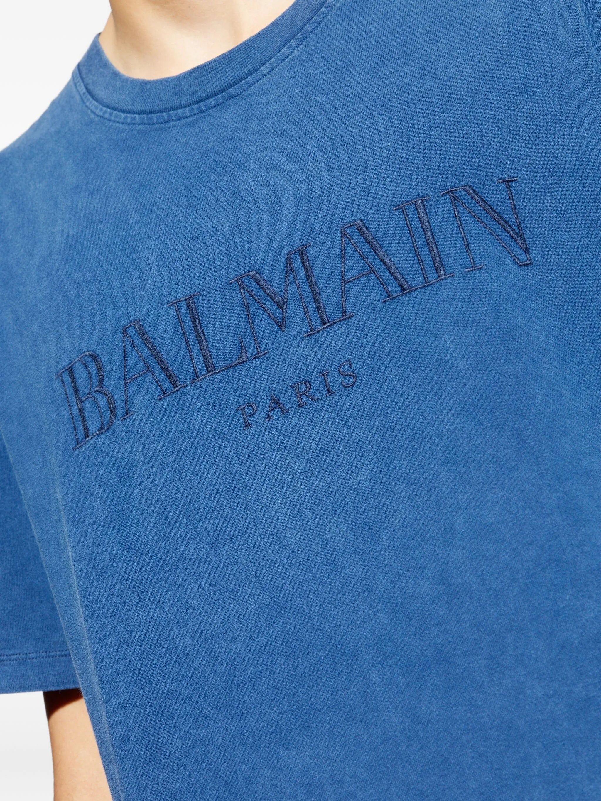 Washed Blue Loose Ss Embroidered T-Shirt