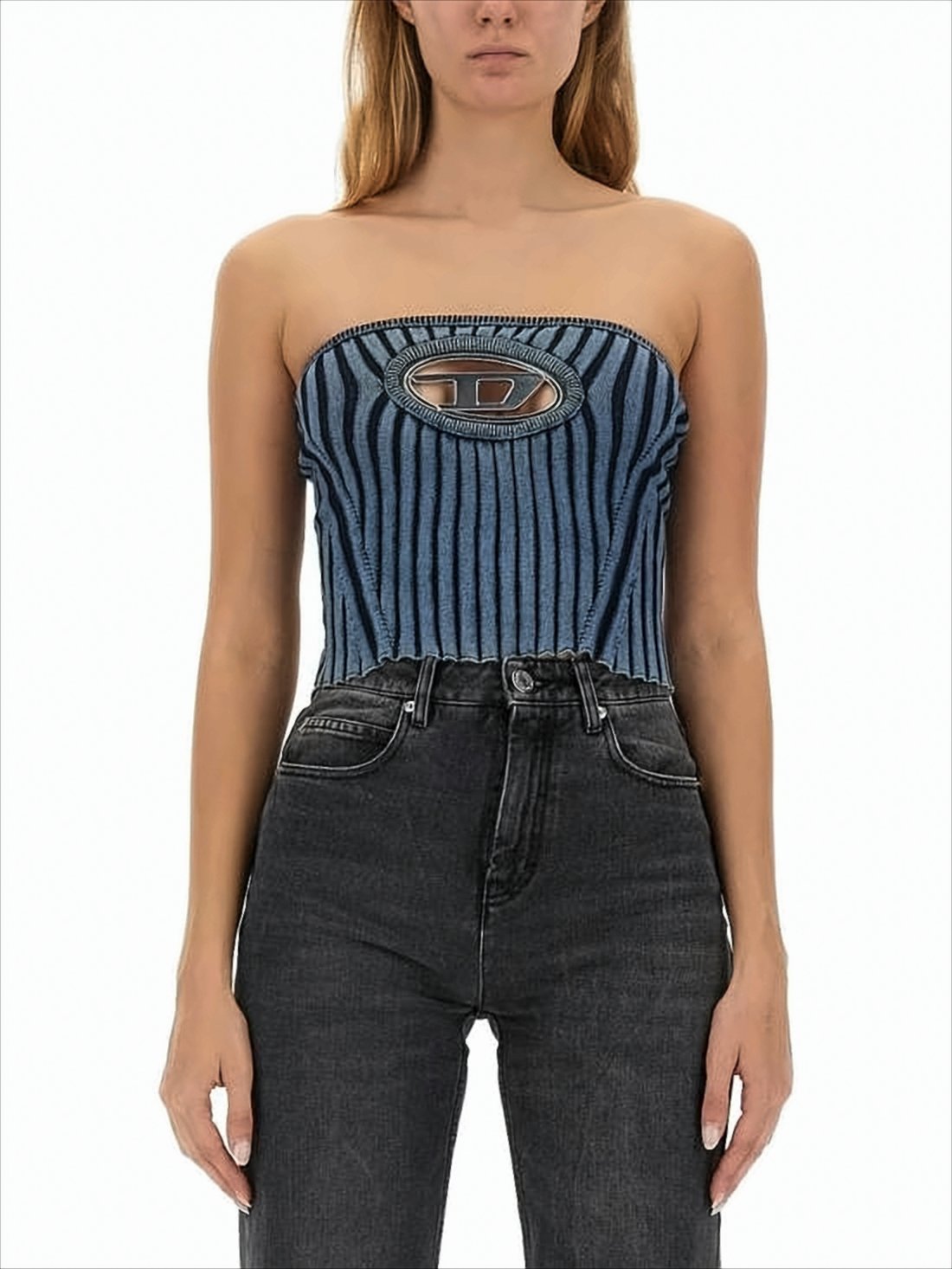 Strapless Ribbed Knit Top with Cutout