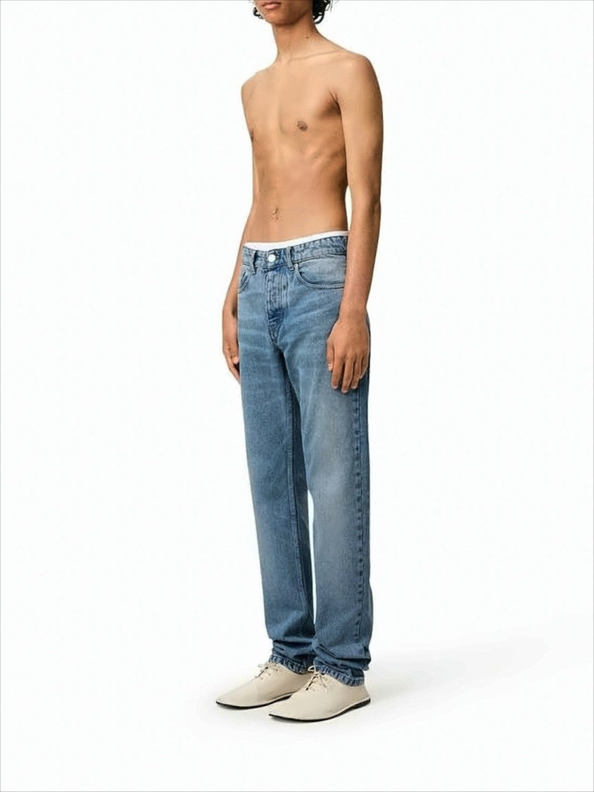 Medium Blue Straight-Leg Denim Pants With Five-Pocket Design