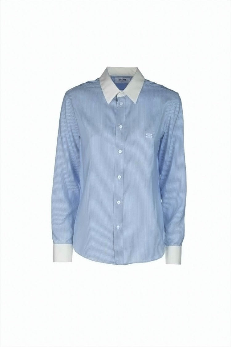 Silk Shirt with Vertical Pinstripe Pattern and Contrasting Collar