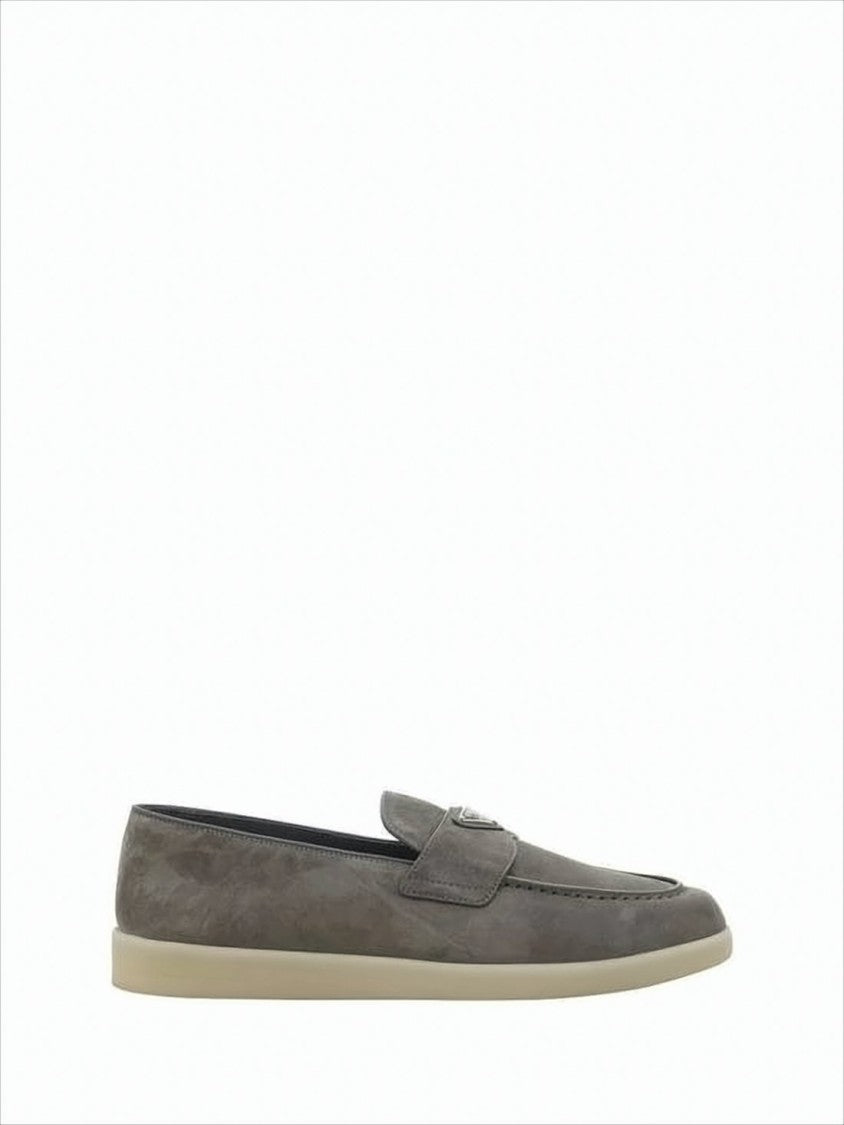 Suede Loafers With Triangular Metal Emblem