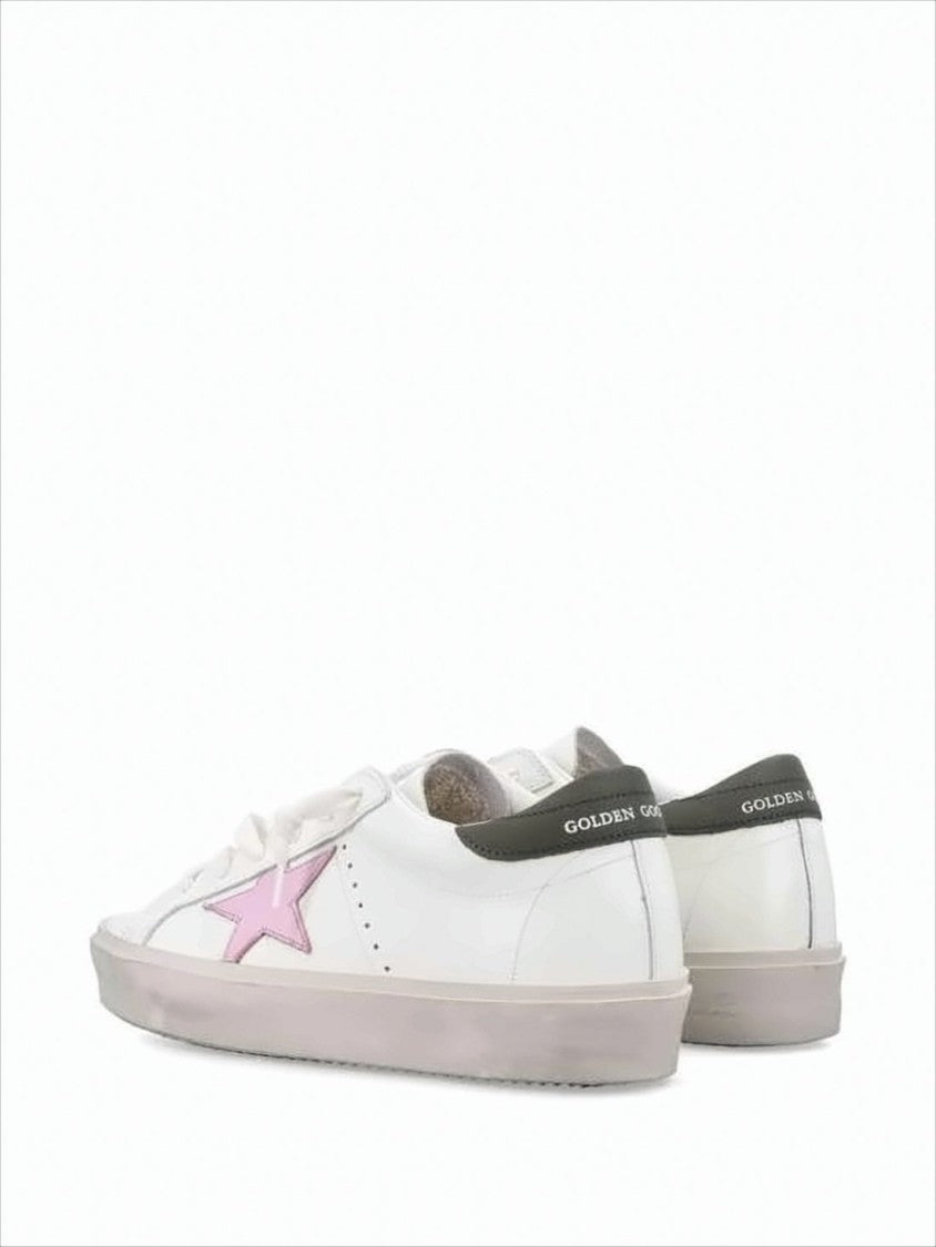 Low-Top White Leather And Suede Sneakers With Pink Star Detail