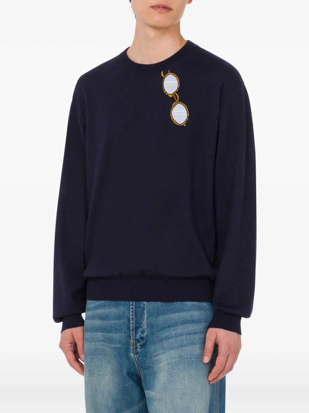 Dark Navy Blue Knit Sweater With Unique Embroidery
