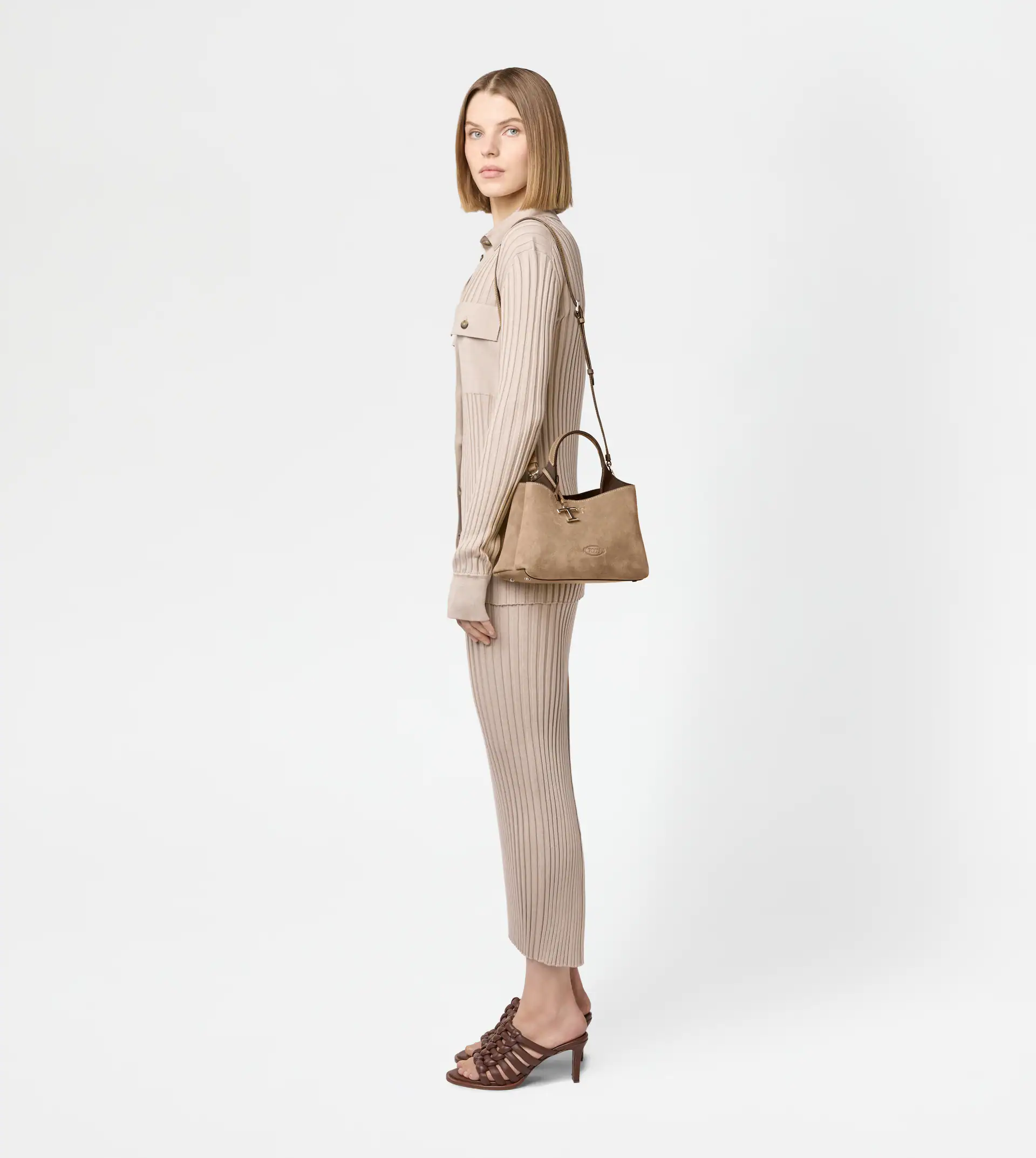 Structured Suede Shoulder Bag with Embossed Logo