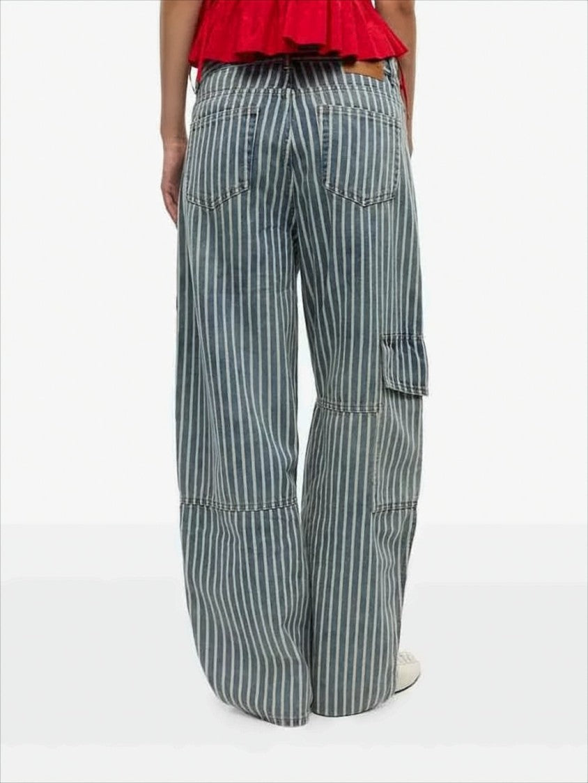 Vertical Striped Straight-Leg Pants With Cargo Pocket Detail