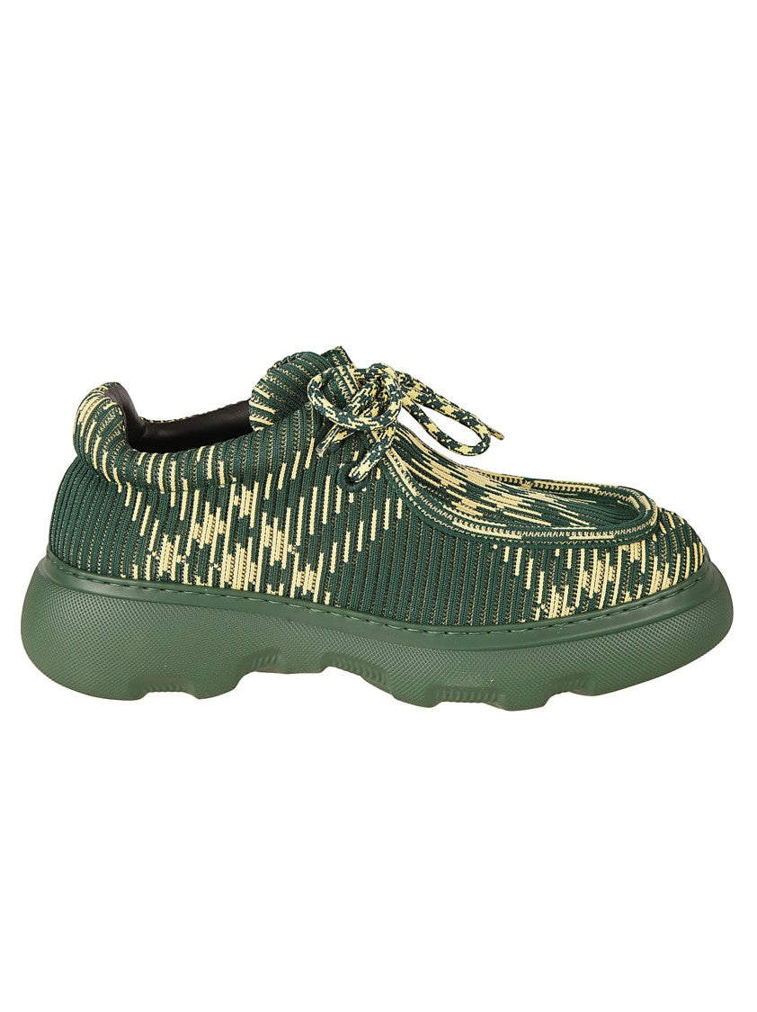 Textured Green And Beige Flat Shoes