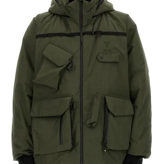 Padded Olive Jacket with Hood and Flap Pockets