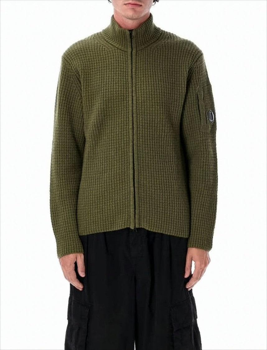 Textured Green Zip-Up Knitwear With High Collar