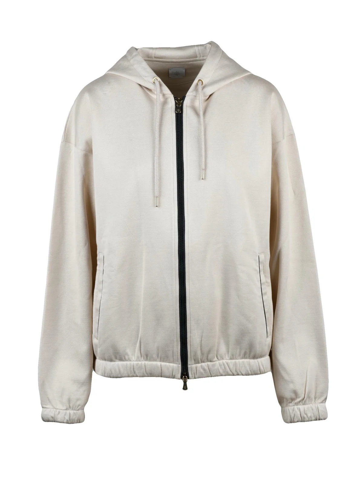 Beige Cotton Silk Elastane Zip Hoodie Sweatshirt
