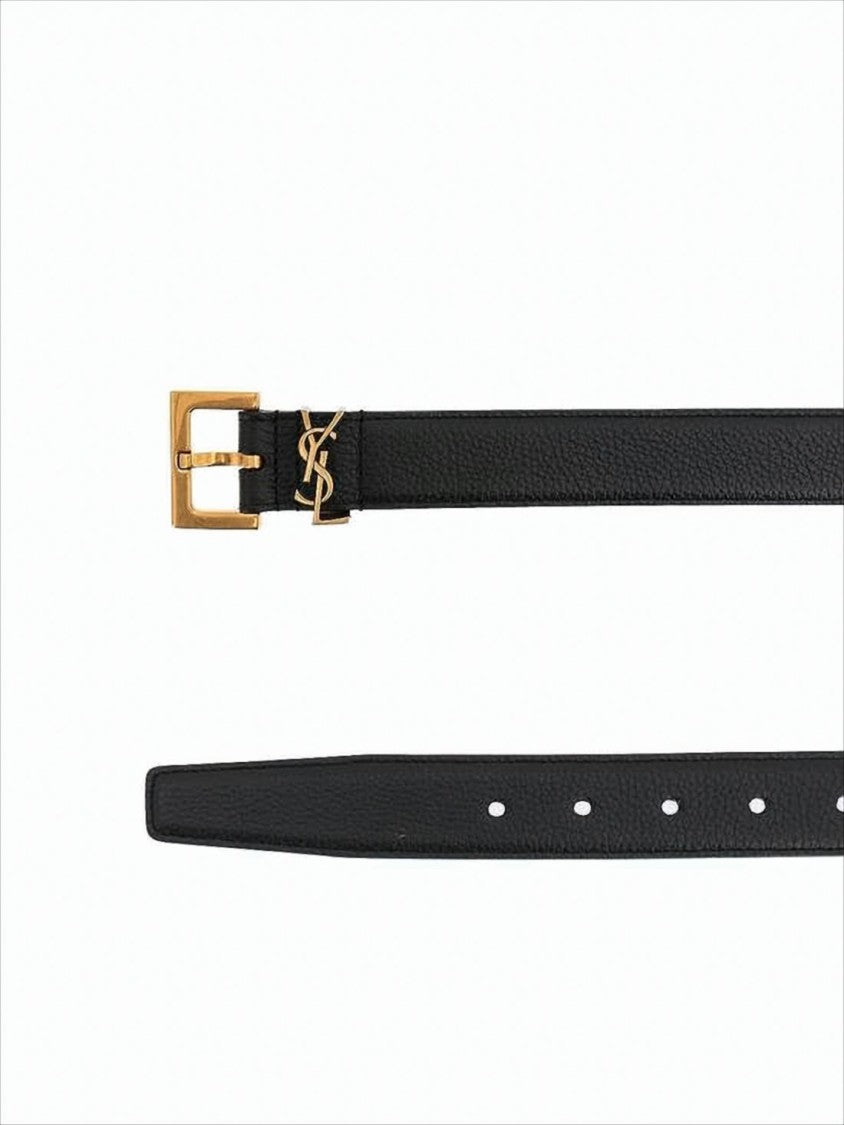 Textured Calf Leather Belt with Gold-tone Buckle