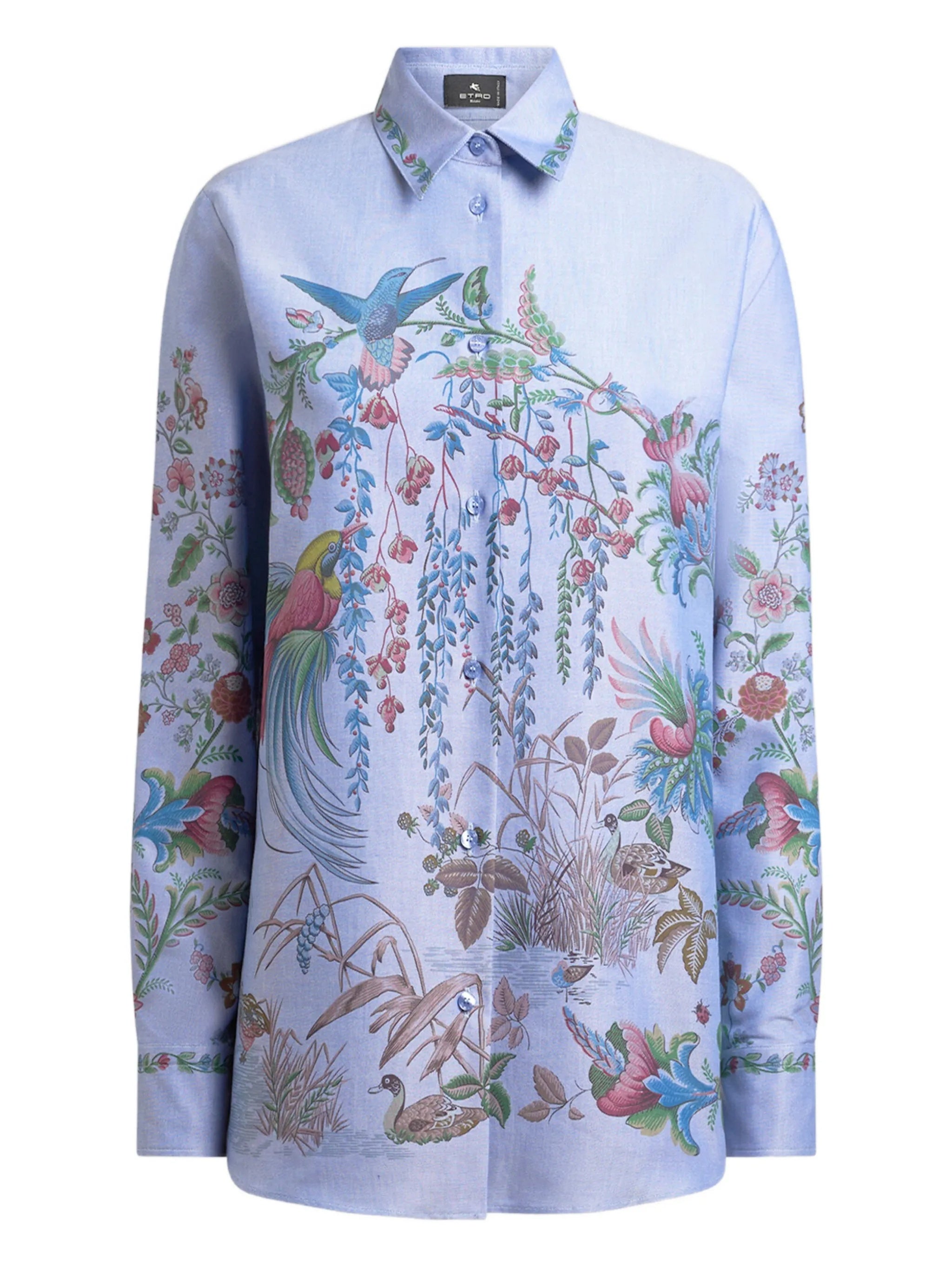 Light Blue Botanical Print Button-Up Shirt