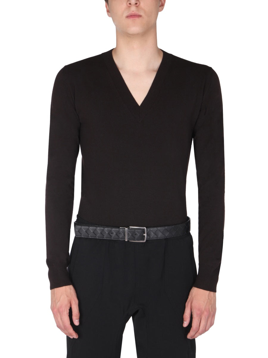 Classic V-Neck Wool Sweater with Contrasting Stitch