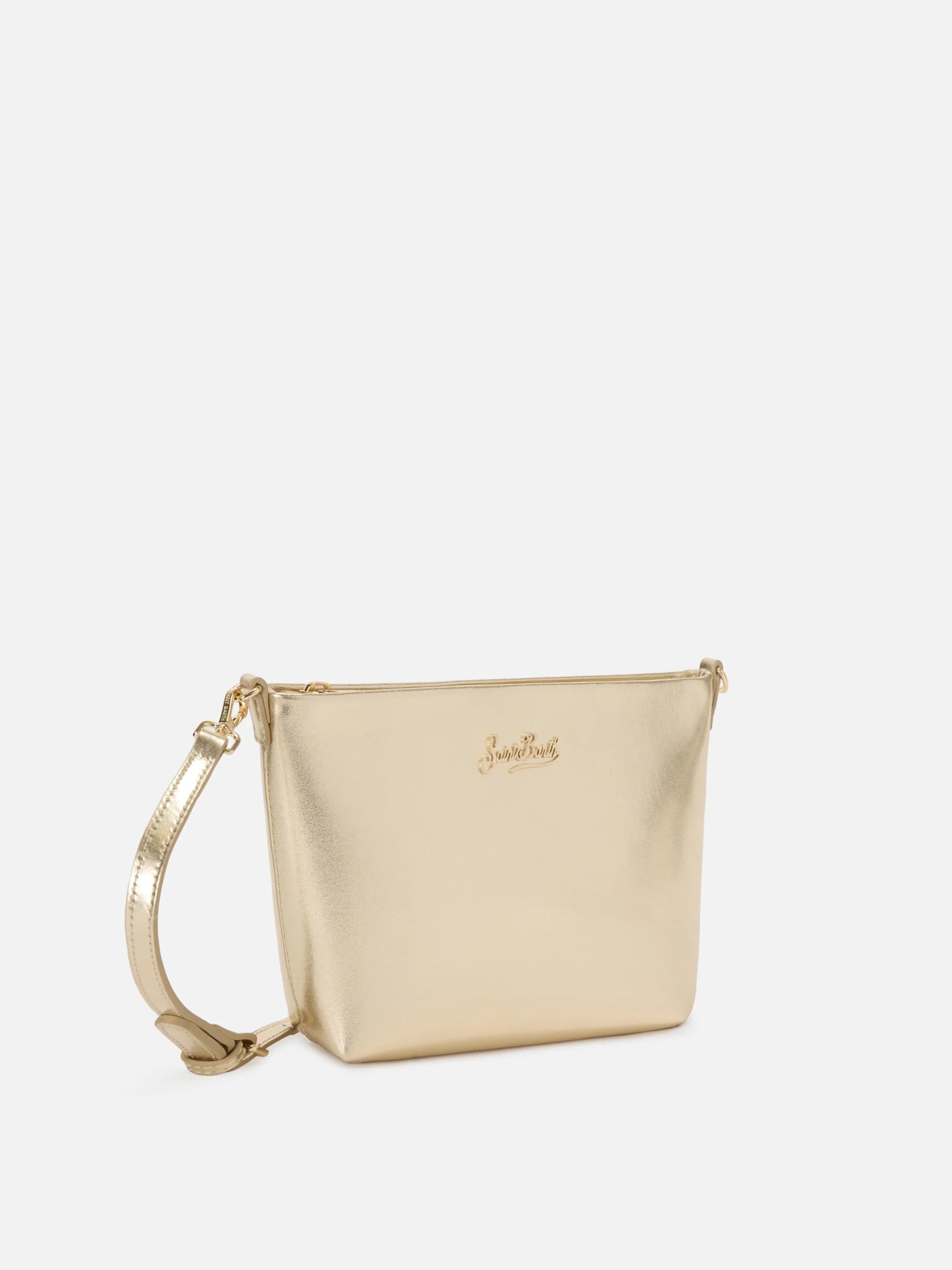 Minimalist Metallic Gold Handbag with Embossed Logo Detail