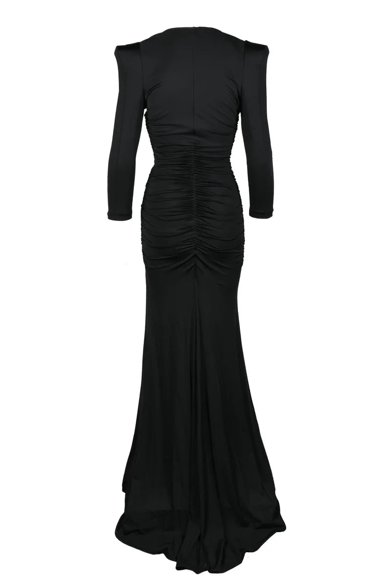Fluid Black Midi Dress with V-Neckline