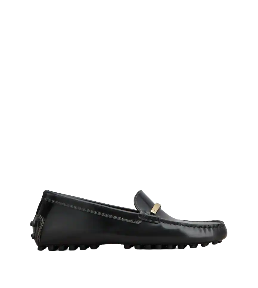 Polished Calfskin Moccasins With Metallic Bar Accent
