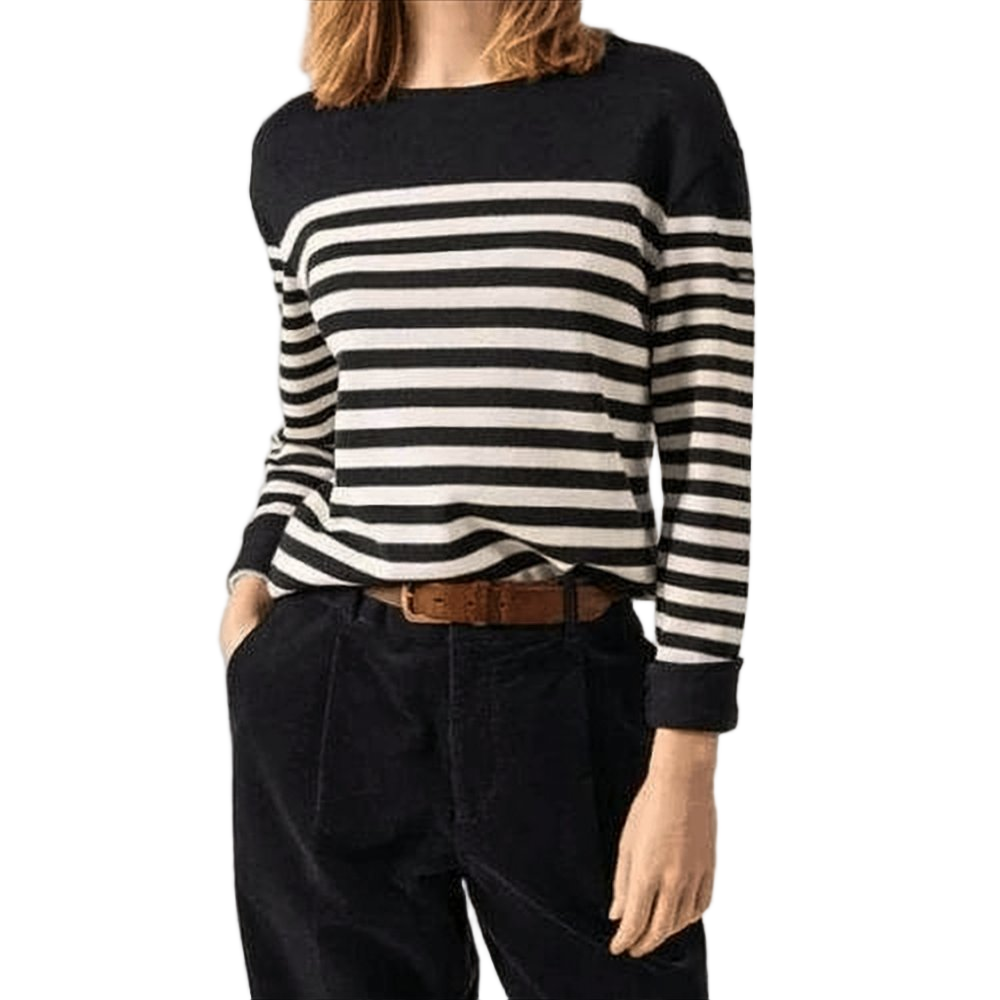 Horizontal Stripe Wool Sweater With Solid Accents